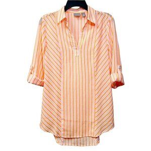 Chico's Tunic Top Size Small Striped Orange White Semi Sheer Roll Tab V-Neck